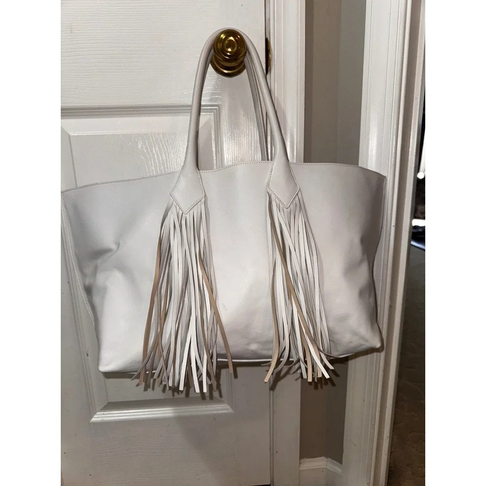 Sara Battaglia White Leather Fringe Tote Bag Designer Handbag‎ Purse